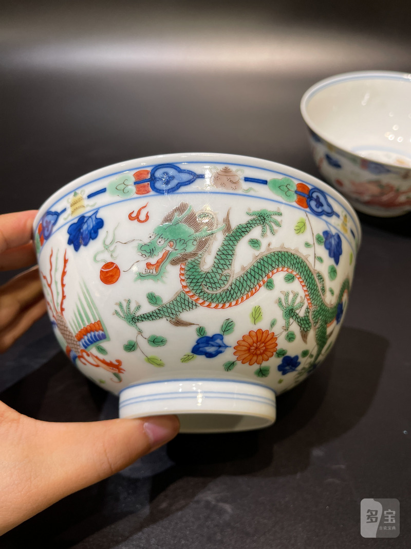 清光绪 青花五彩龙凤纹碗一对 - 图3